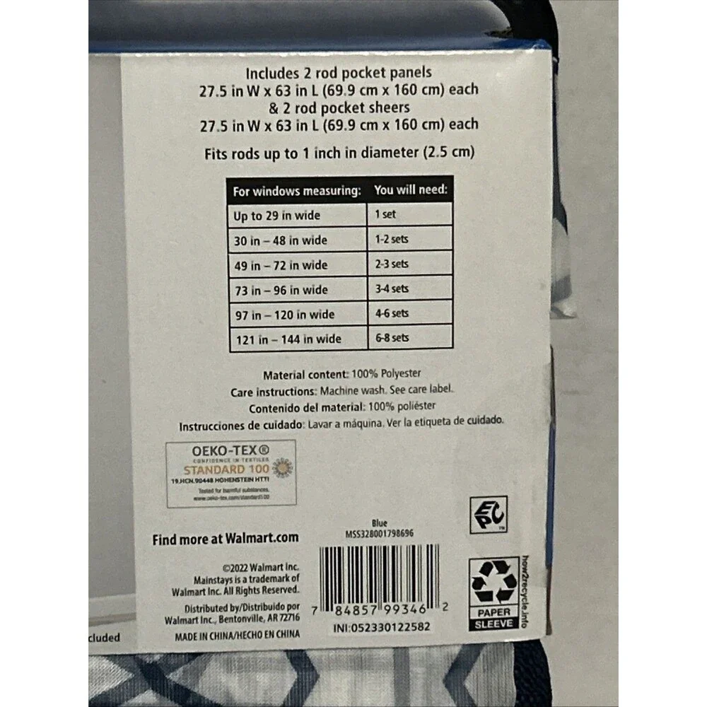 Mainstays Curtain and Sheers Set, 4 PANELS, Blue, 27.5